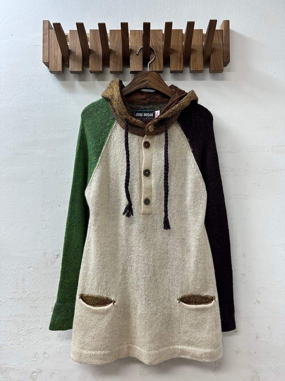 일본빈티지 Cube Sugar 큐브슈가 울 혼방 컬러블록 후드 니트 상품이미지1