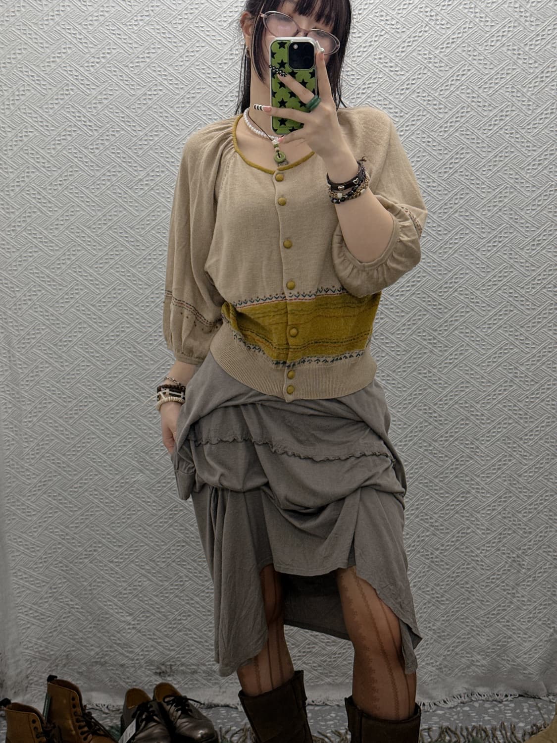 빈티지 모리 코지룩 퍼프 반팔 세미크롭 콩버튼 잔꽃 가디건 K0032 상품이미지2