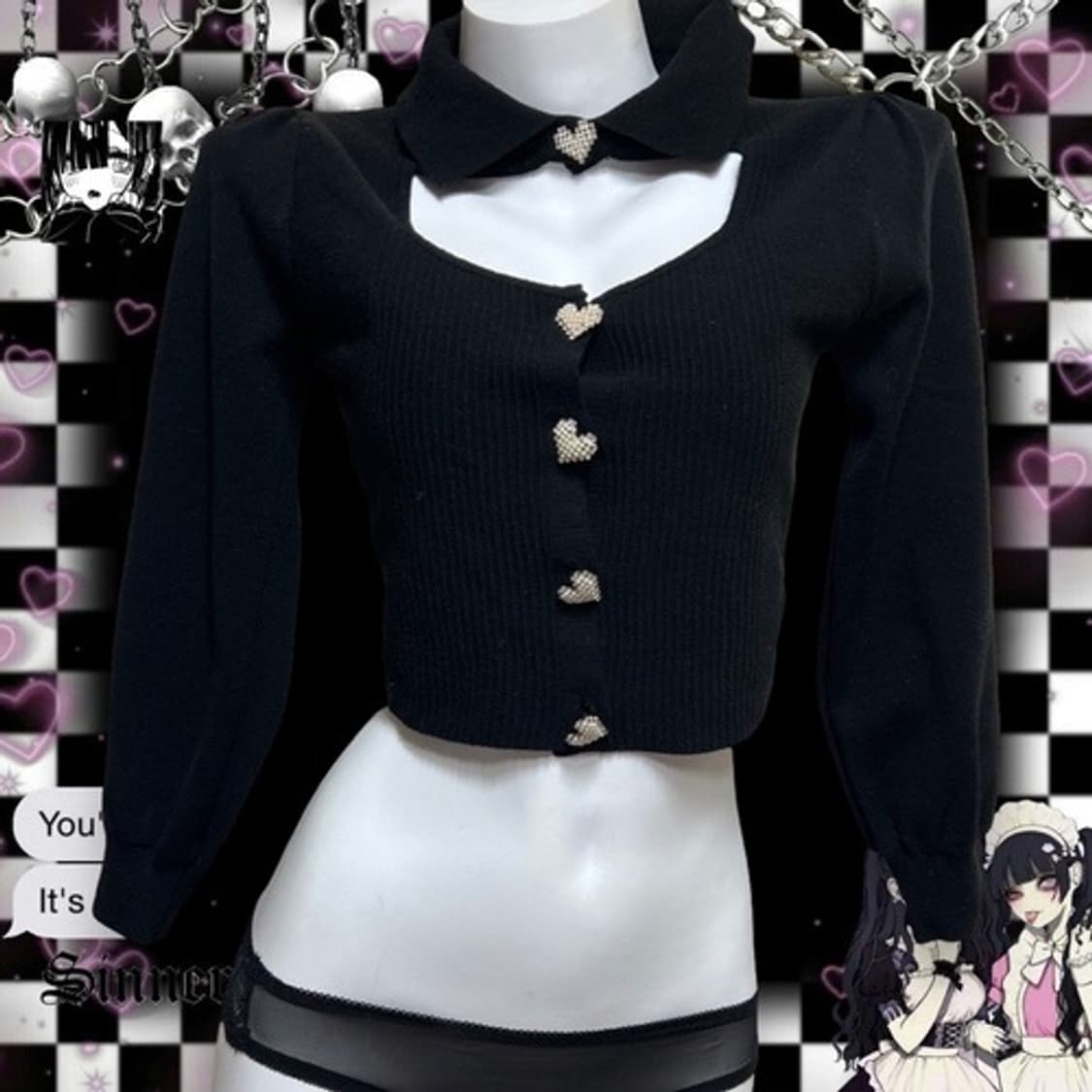 Heart button choker neck knit top 상품이미지3