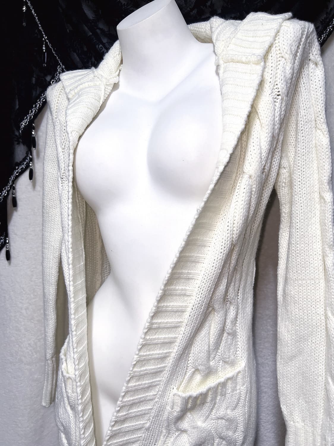 화이트 니트 꽈배기 후드 롱가디건 달천 로맨틱갸루 로걀 윈터페어리 핀터 상품이미지3