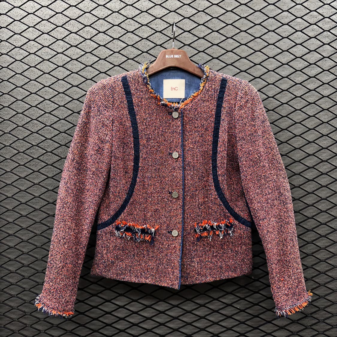 JPN VINTAGE 멀티톤 트위드자켓 네이비 테이핑 라인 프린지 디테일 상품이미지2