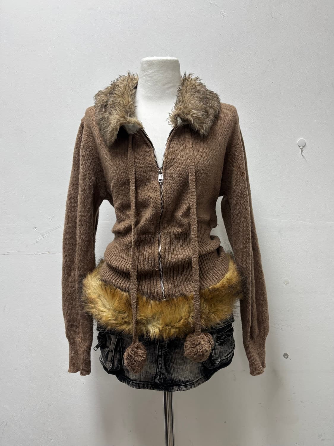 00’s Brown Fur Trimming Short Knit Zip U 상품이미지2