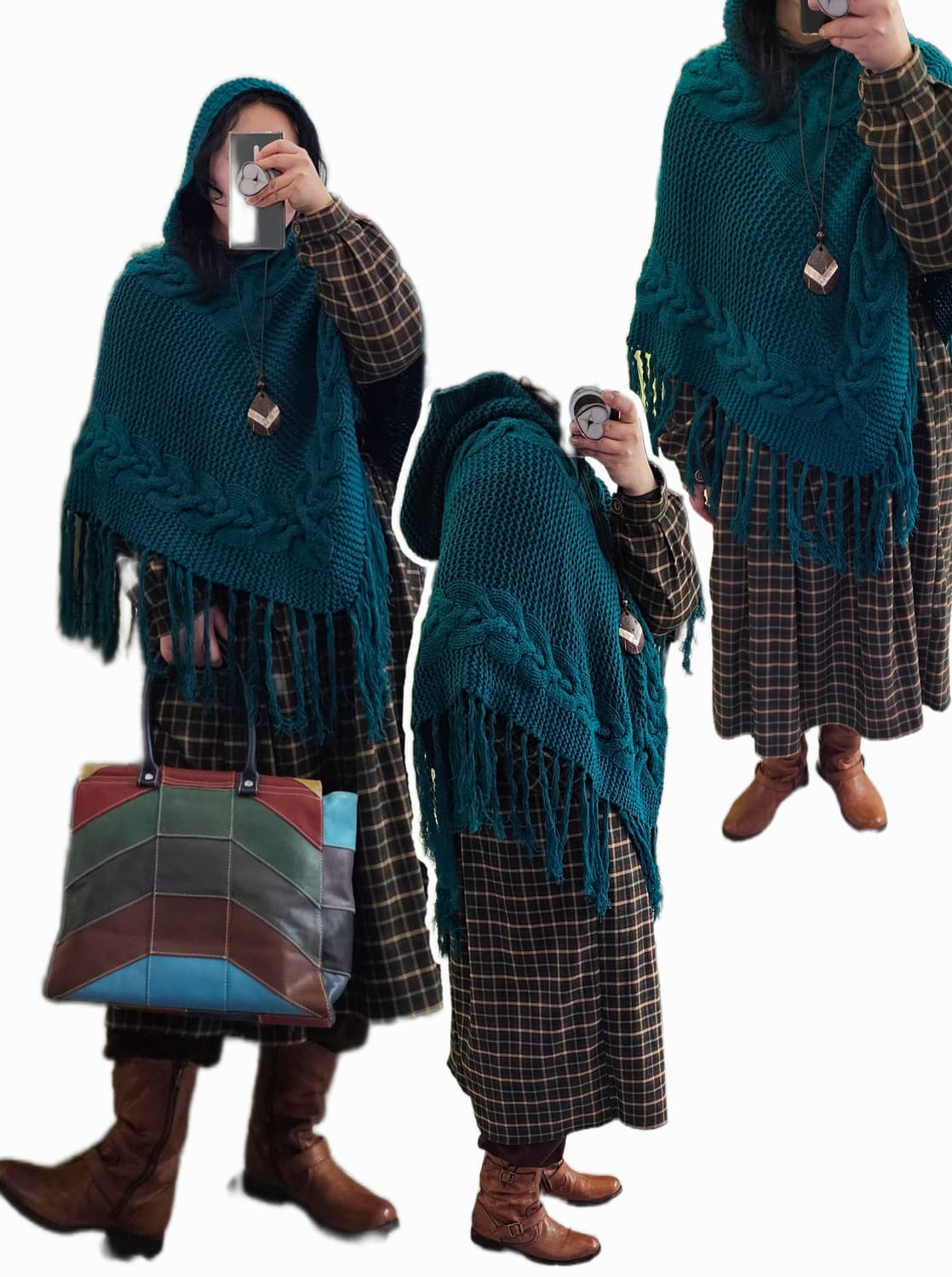 Japan 청록 니트 후드 케이프 상품이미지2