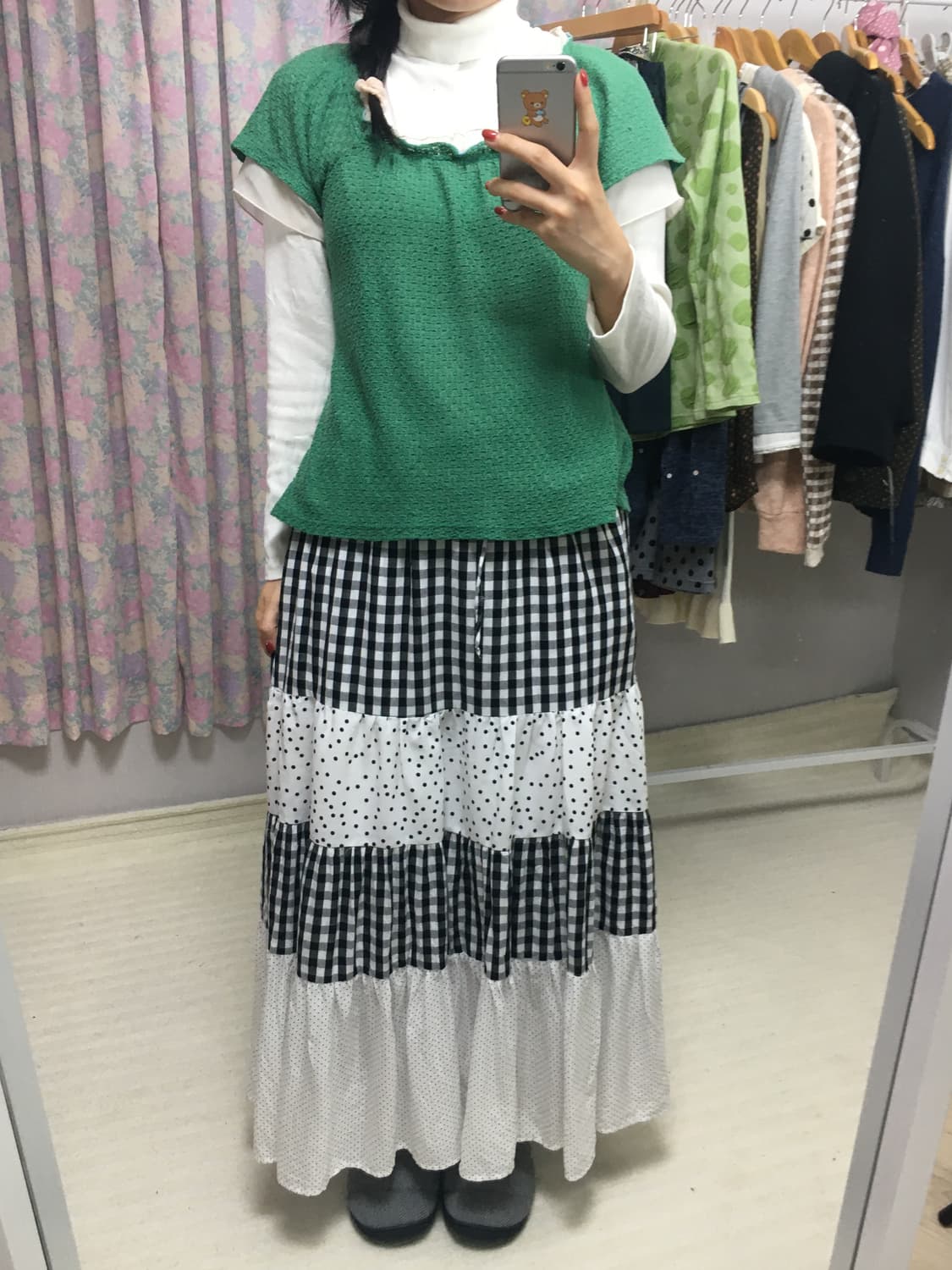 그린 쉬폰 반소매 니트탑 상품이미지4