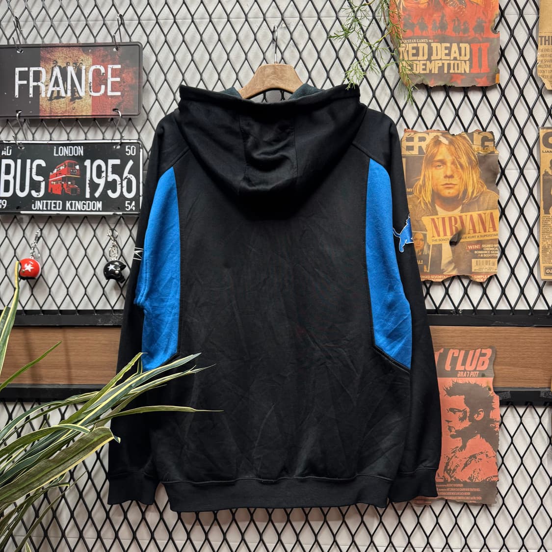 00s 리복 X NFL 후드 집업 라이언즈 자수 빅로고 블루 블랙 상품이미지2