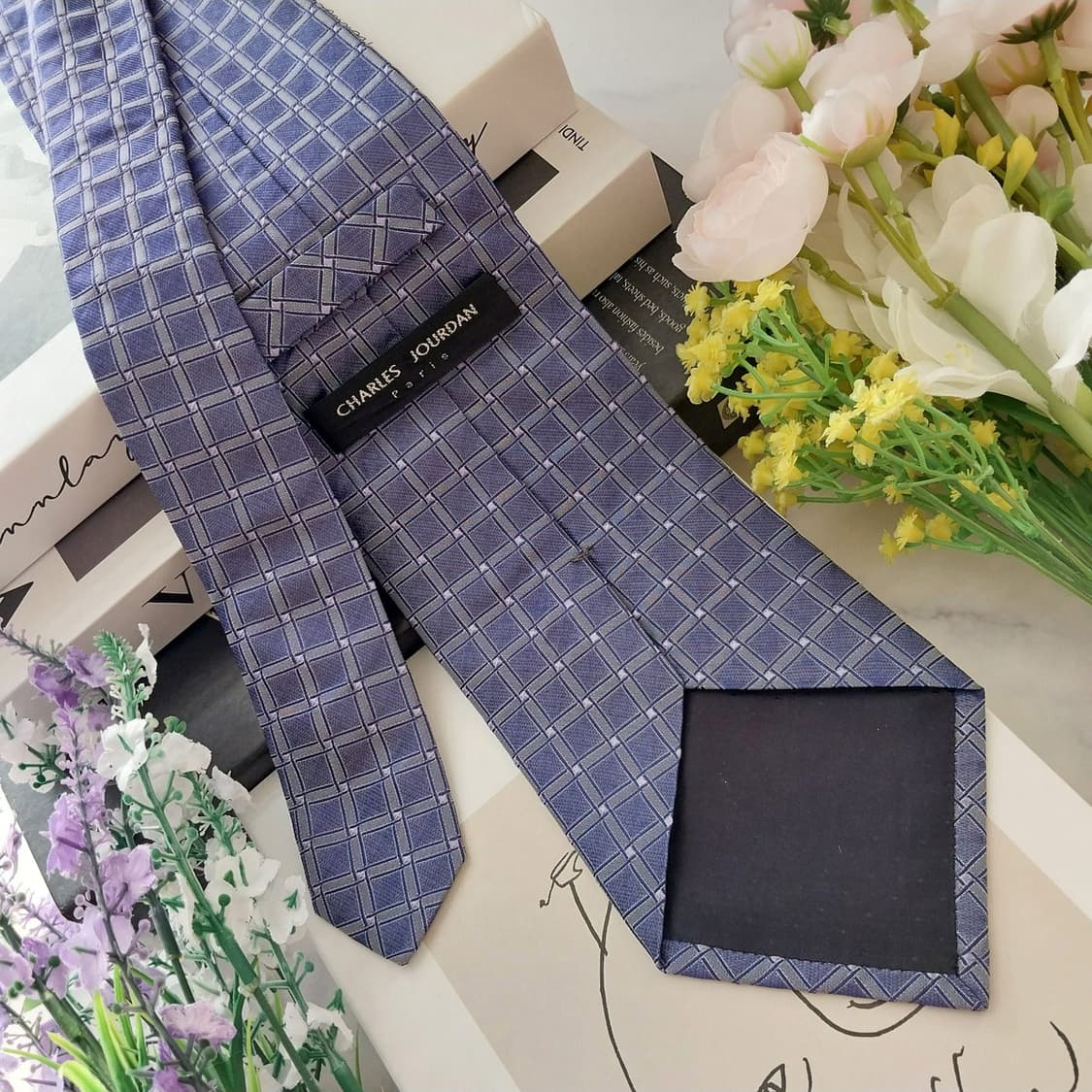 샤를 주르당 실크 퍼플 체크 자카드 넥타이 9.7cm A+등급 K1305 상품이미지5