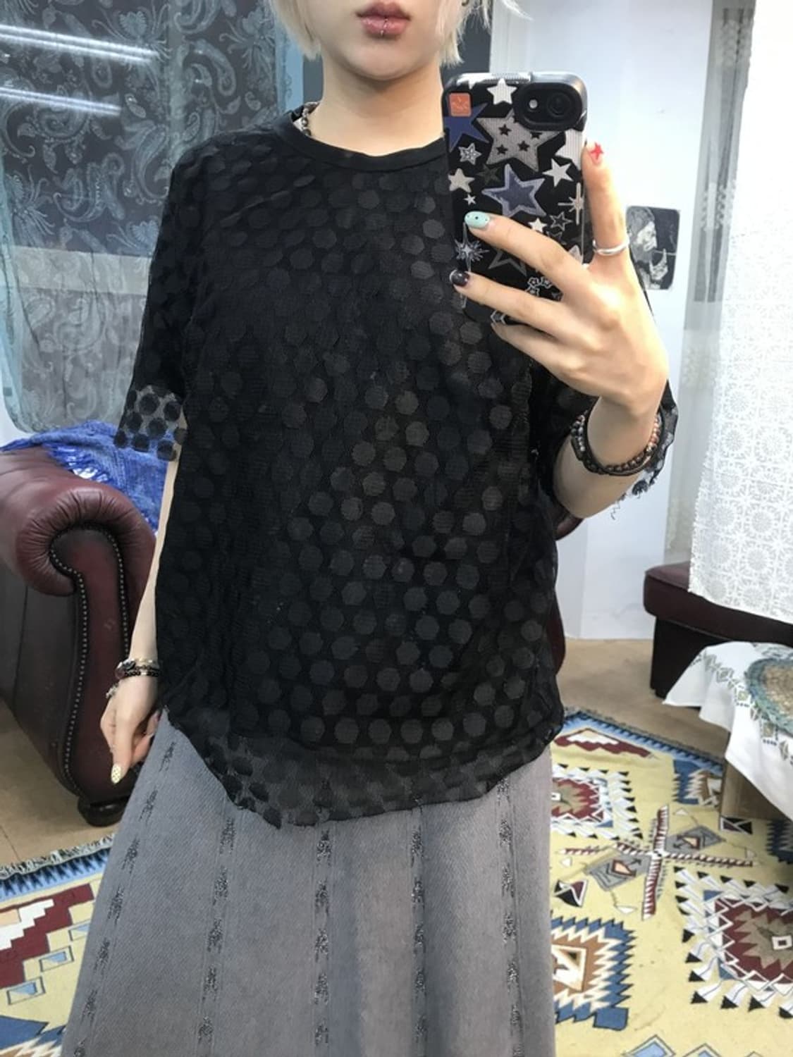 빈티지 여성 도트 시스루 반팔티 상품이미지3