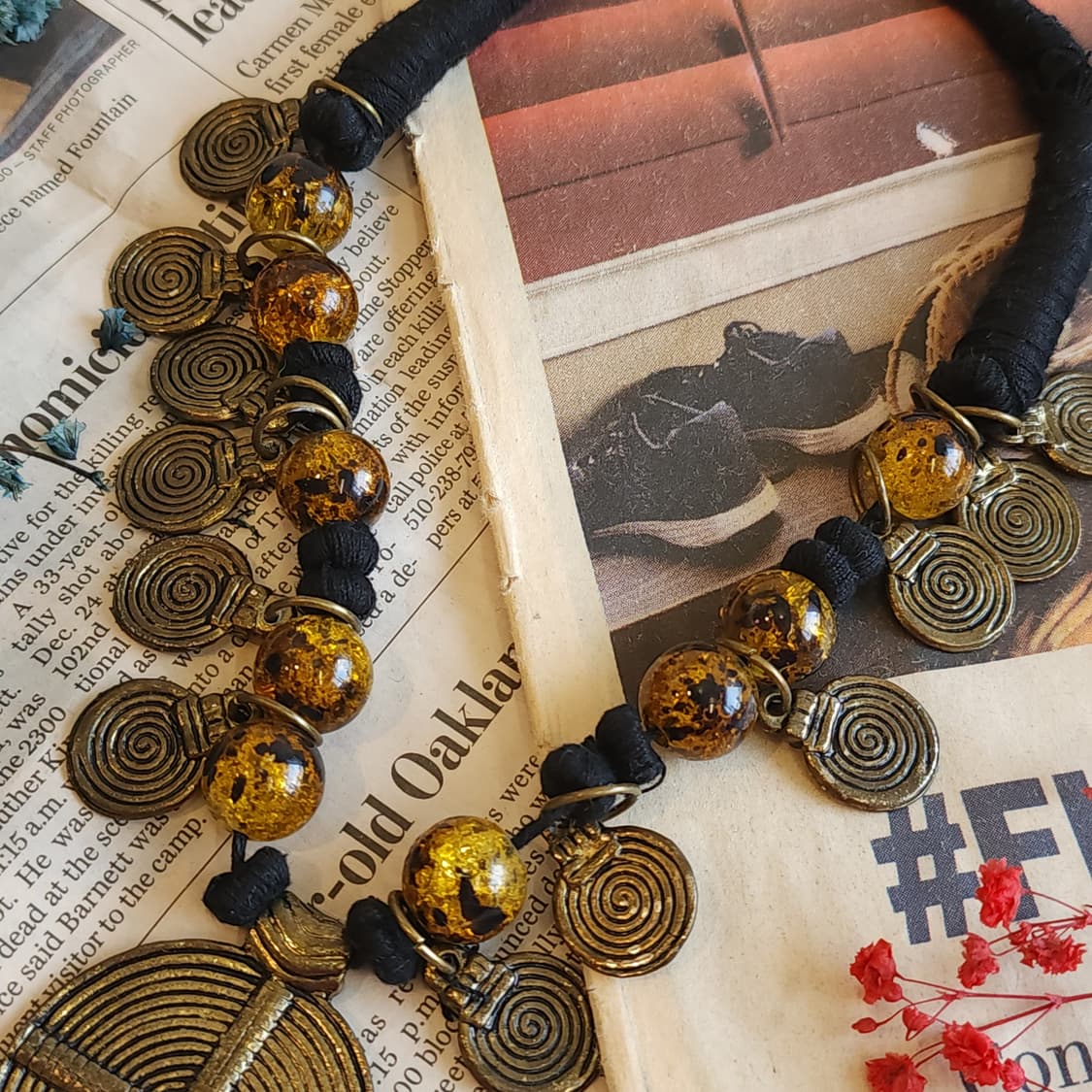 90s 프랑스 빈티지 쥬얼리 엠버 썬셋 엔티크 에스닉 목걸이 상품이미지4