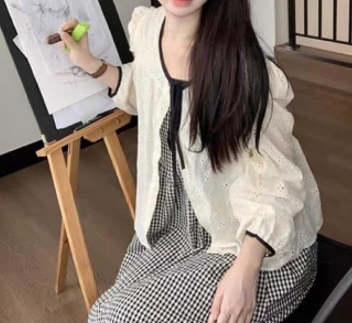 배색 리본 블라우스 상품이미지2