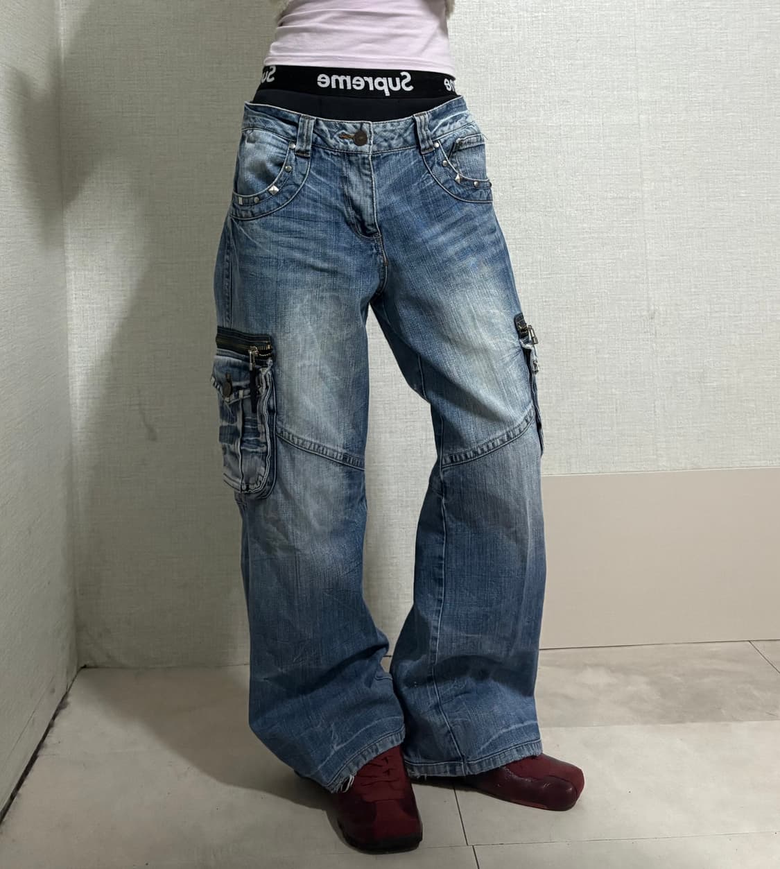 워시드 와이드 데님카고팬츠 상품이미지2