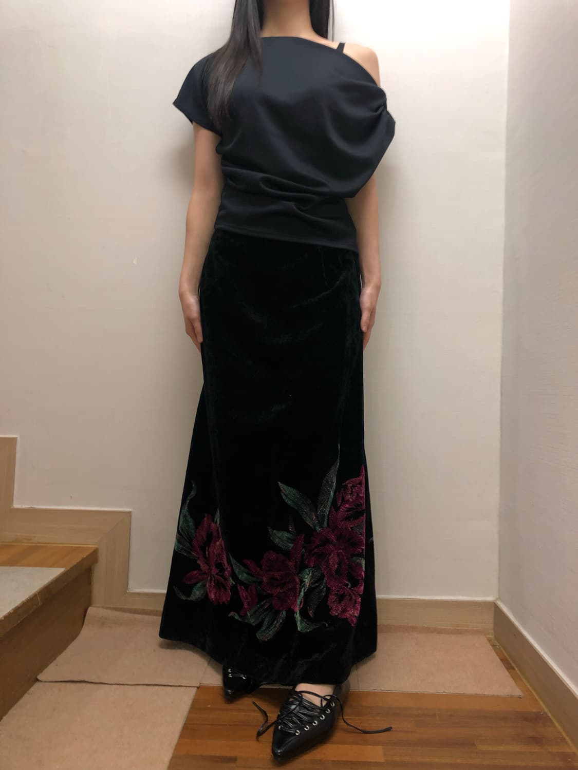 빈티지 블랙 오리엔탈 플라워 롱 스커트 상품이미지6