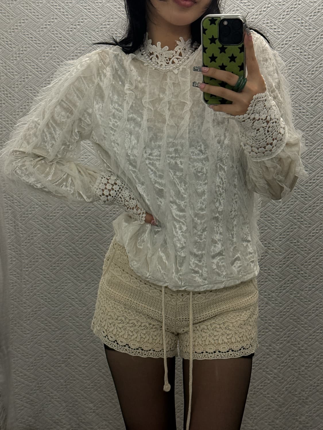 러블리 레이스코어 프릴 펀칭 긴팔 시어 블라우스 K0370 상품이미지2