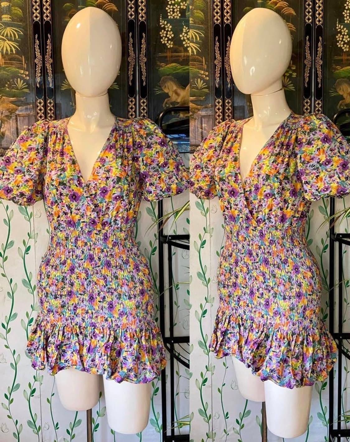 (1회착용) 자라 플로럴 퍼프 소매 셔링 미니 원피스 XS 상품이미지3