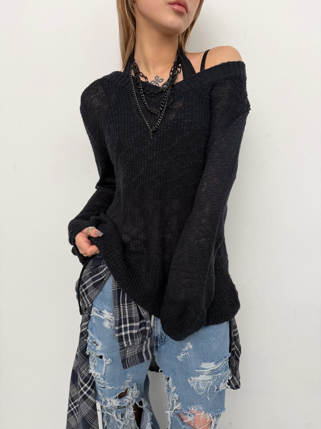 네이비 사이드 셔링 니트 상품이미지1