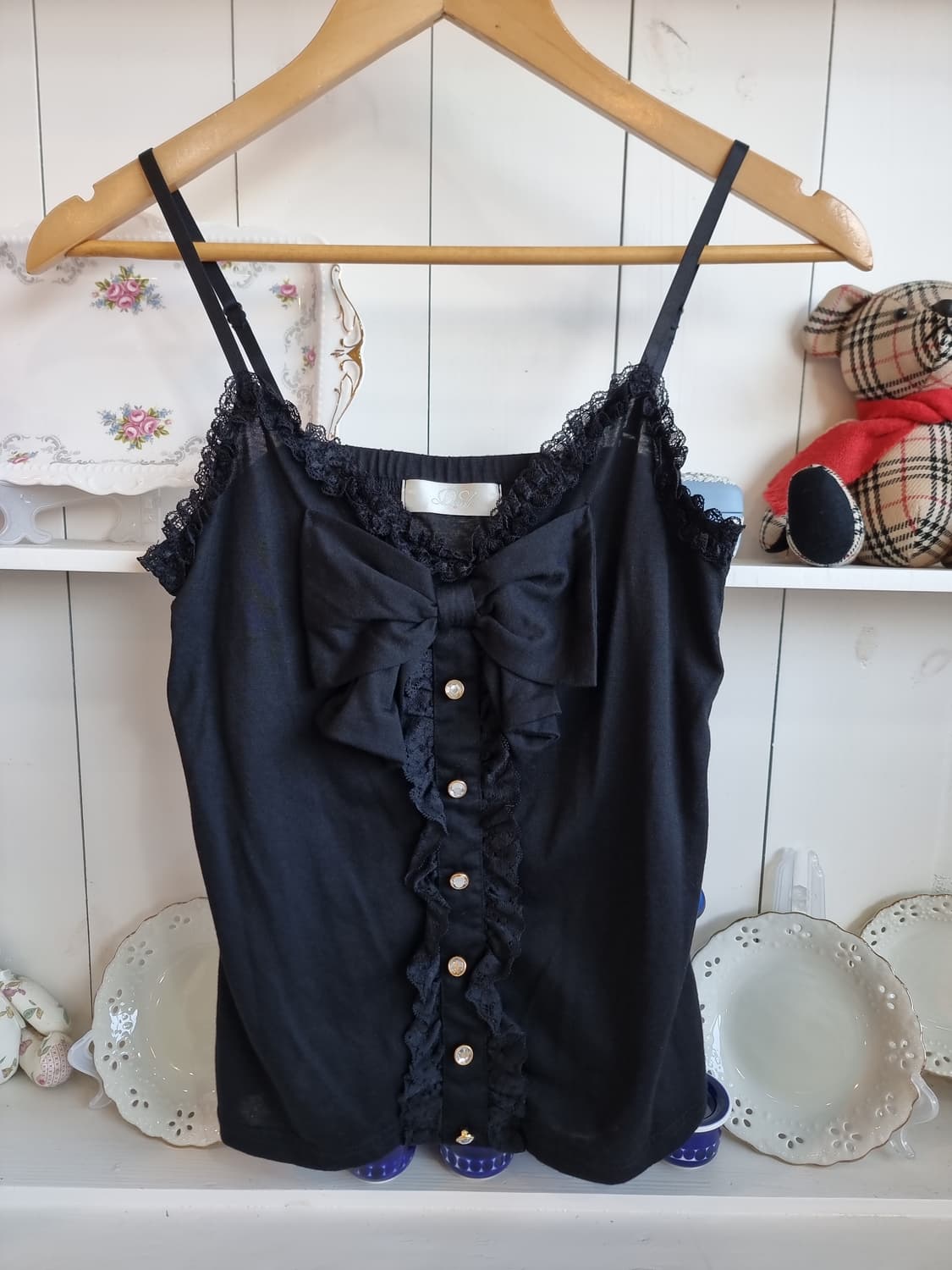 (디어리) 블랙 새틴 레이스 리본 캐미솔 탑 상품이미지1