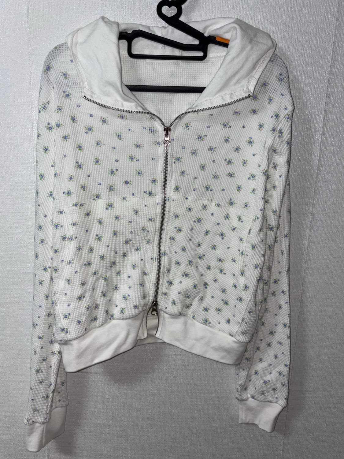 빈티지 화이트 블루 잔꽃 와플 니트 후드집업 투웨이 하이넥 집업 모리걸 상품이미지2