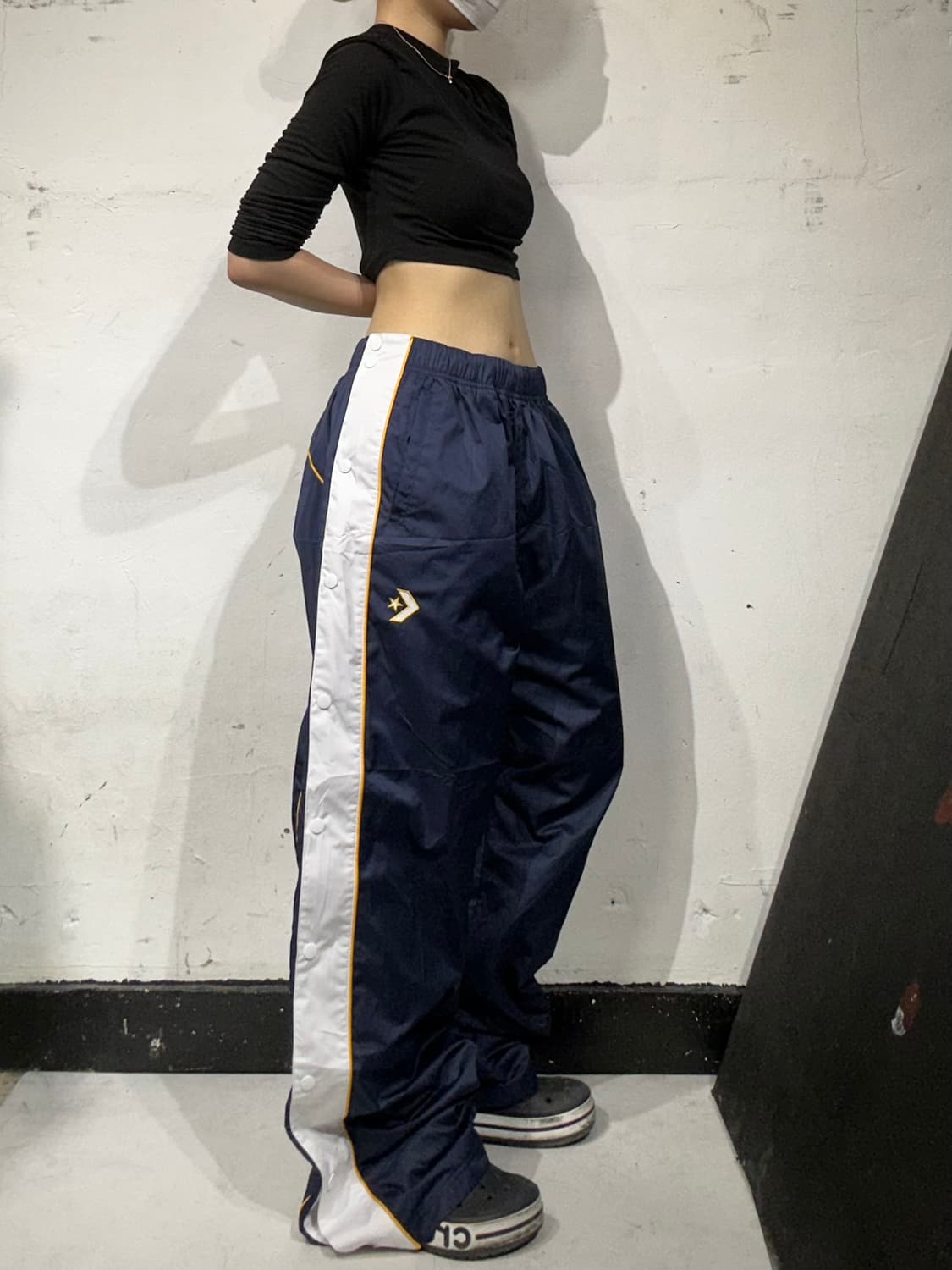 컨버스 네이비 화이트 사이드 스냅 버튼 추리닝 바지 와이드 댄스 팬츠 L 상품이미지1