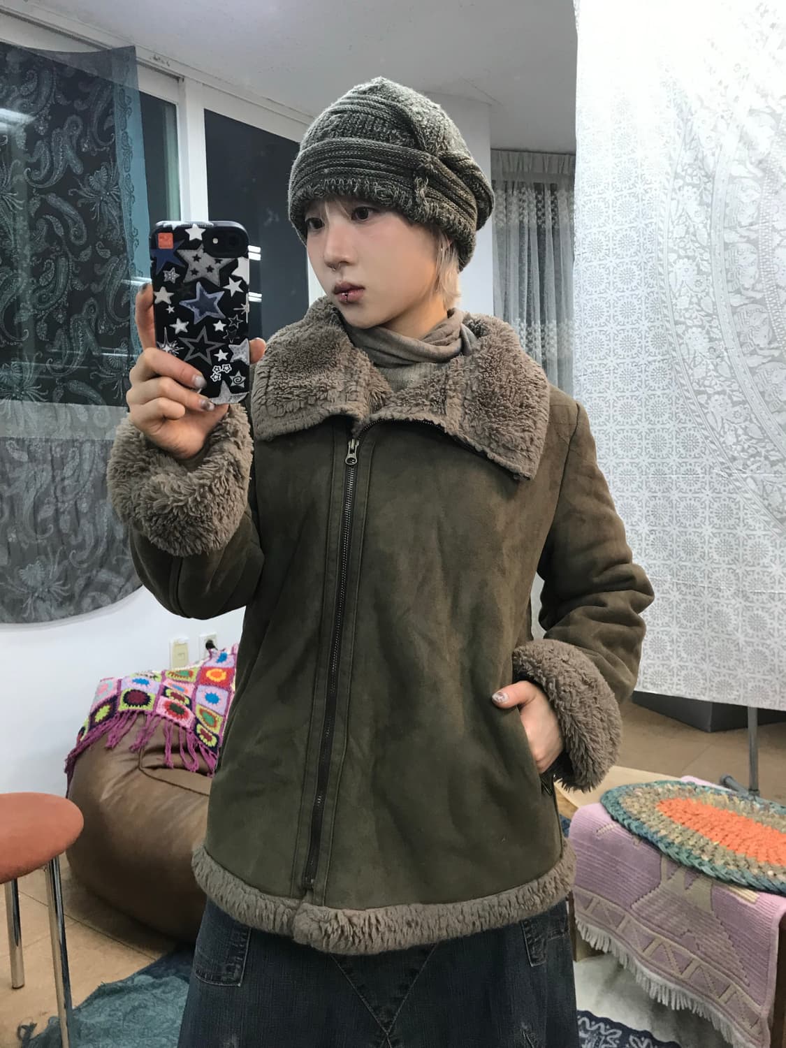 빈티지 여성 스웨이드 카키 무스탕 자켓  상품이미지2