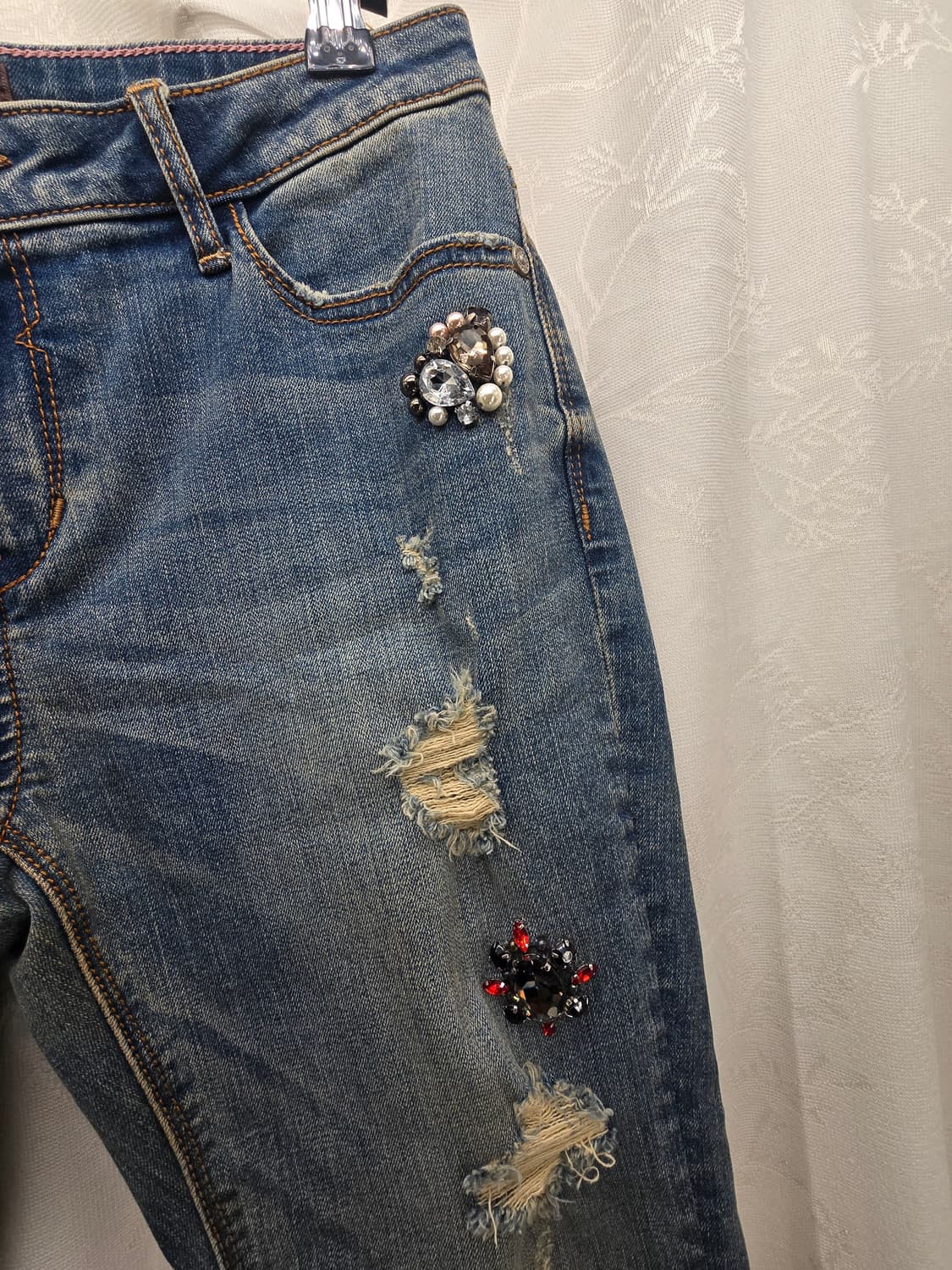 얼진 데미지 부츠컷 청바지 데님 큐빅 장식 상품이미지2