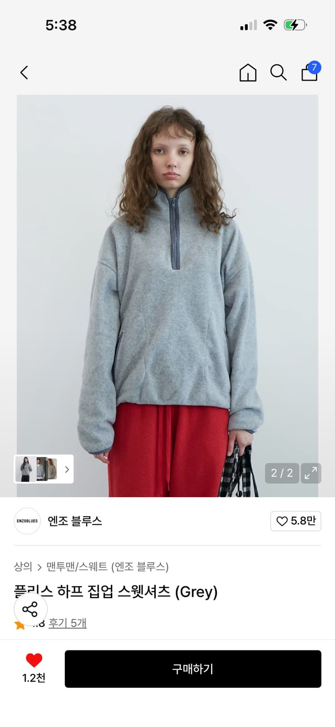 엔조블루스 플리스 하프 집업 스웻셔츠 (Grey) 상품이미지2