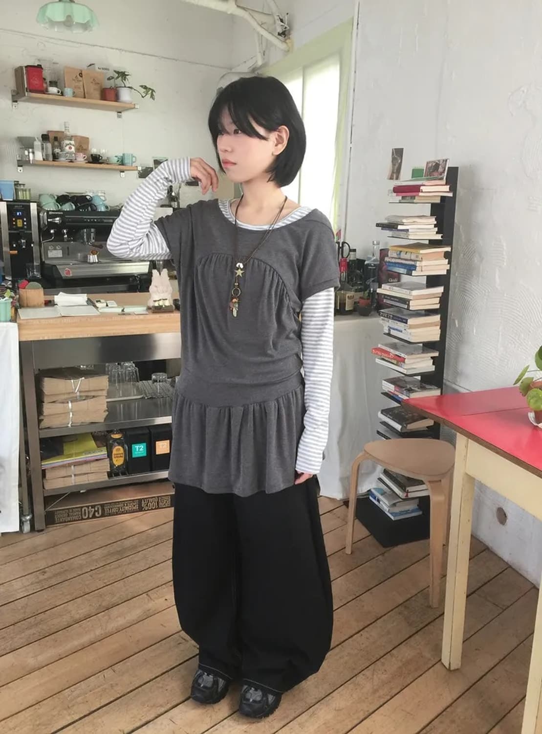 코이세이오st 빈티지 레이어드 반팔 후드 맨투맨 브라운 상품이미지5