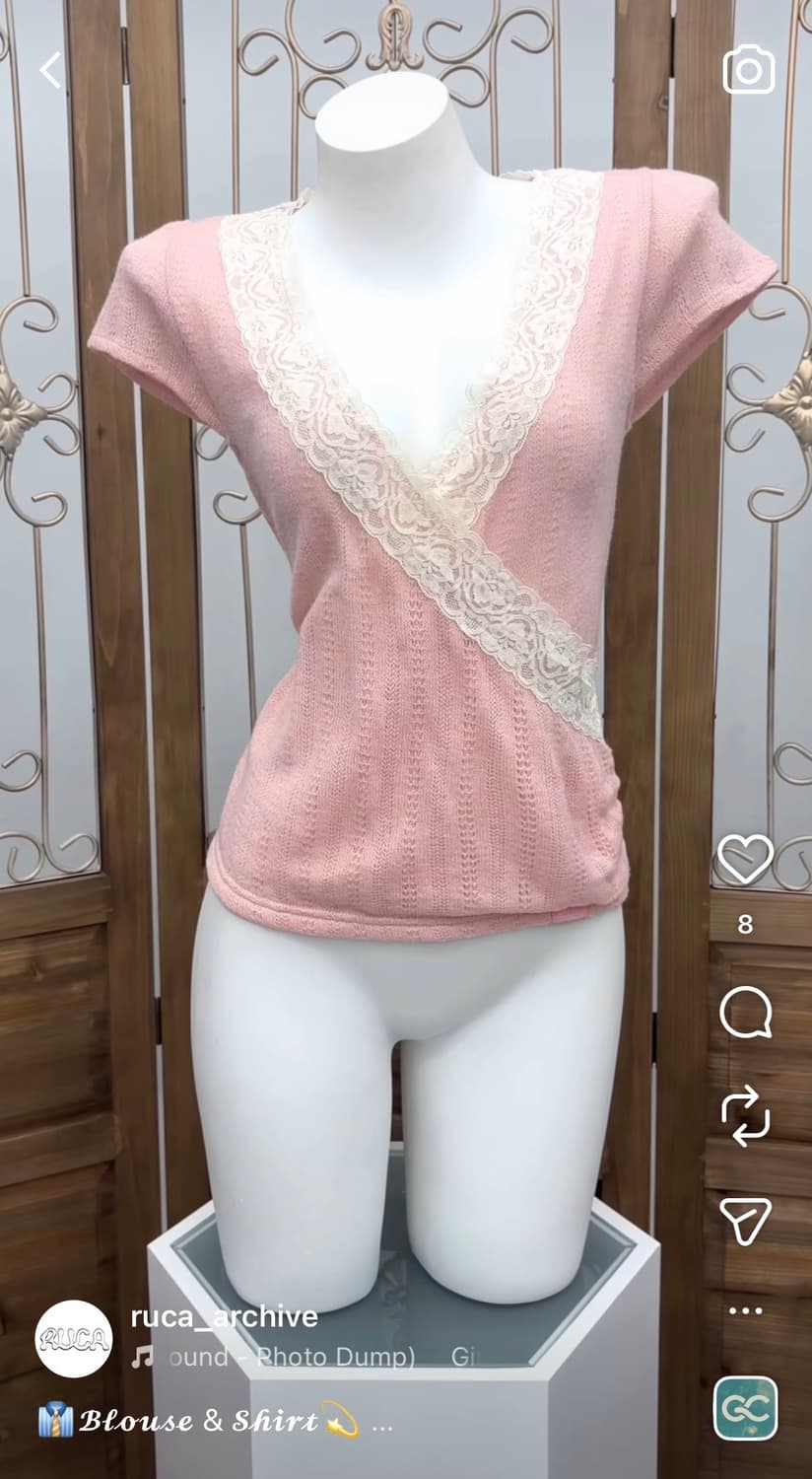 일브 루카빈티지 오리엔탈 페어리 레이스 반팔 핑크 로걀탑 블라우스히메갸루 상품이미지2