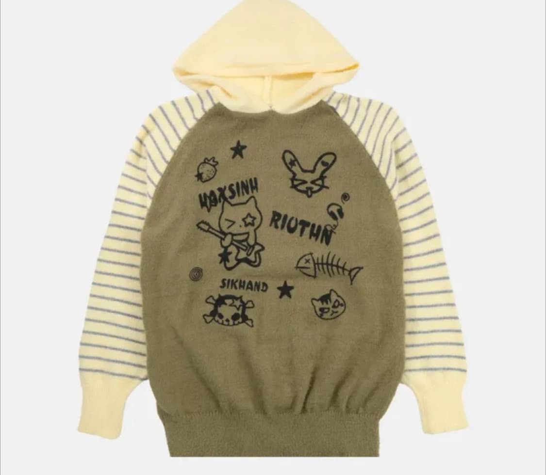 키치 나그랑 배색 스프라이트 오버핏 니트 후드티 상품이미지1