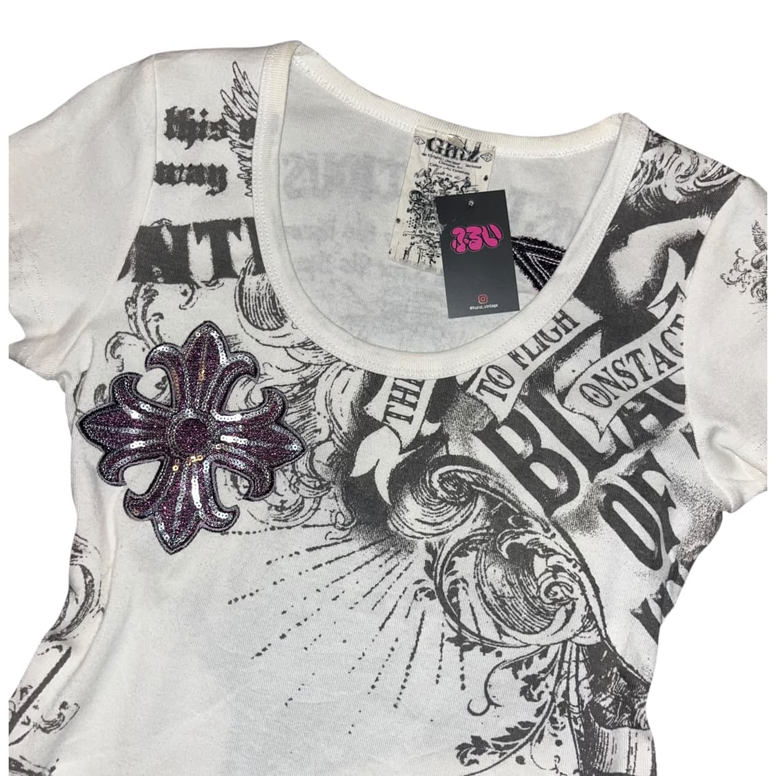 Glitz 글리츠 십자 스팽글 자수 프린팅 반팔티 펑크y2k갸루 상품이미지4