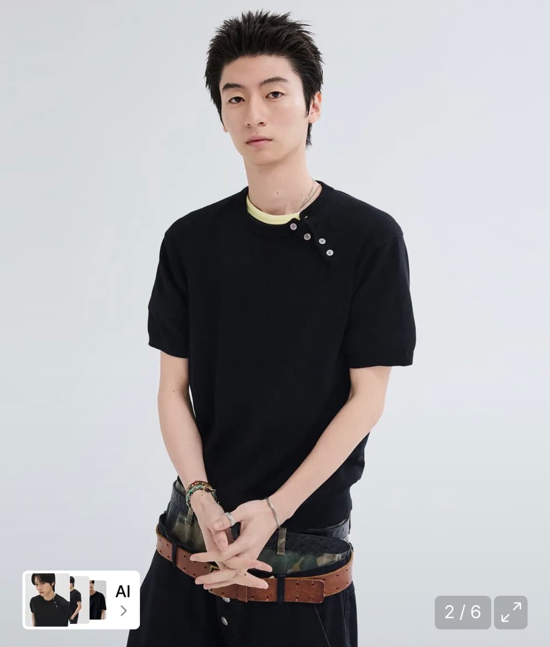 르아르 사선 헨리넥 반팔 니트 [블랙] 상품이미지1