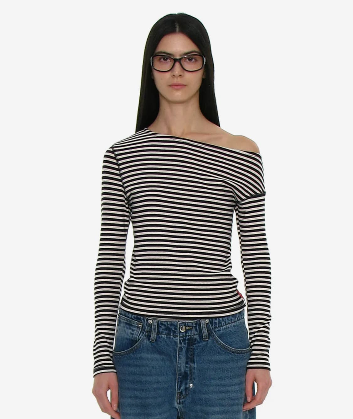 파르티멘토 우먼 언발란스드 져지 슬리브 탑_블랙 스트라이프 m 상품이미지1