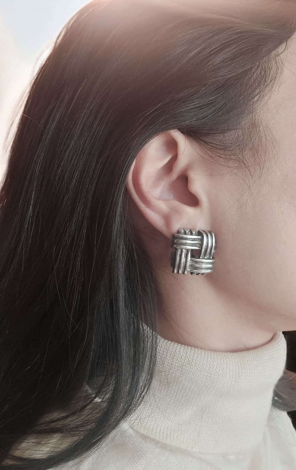 🇺🇸빈티지 체크 사각 925 은 클립온 귀걸이 상품이미지1