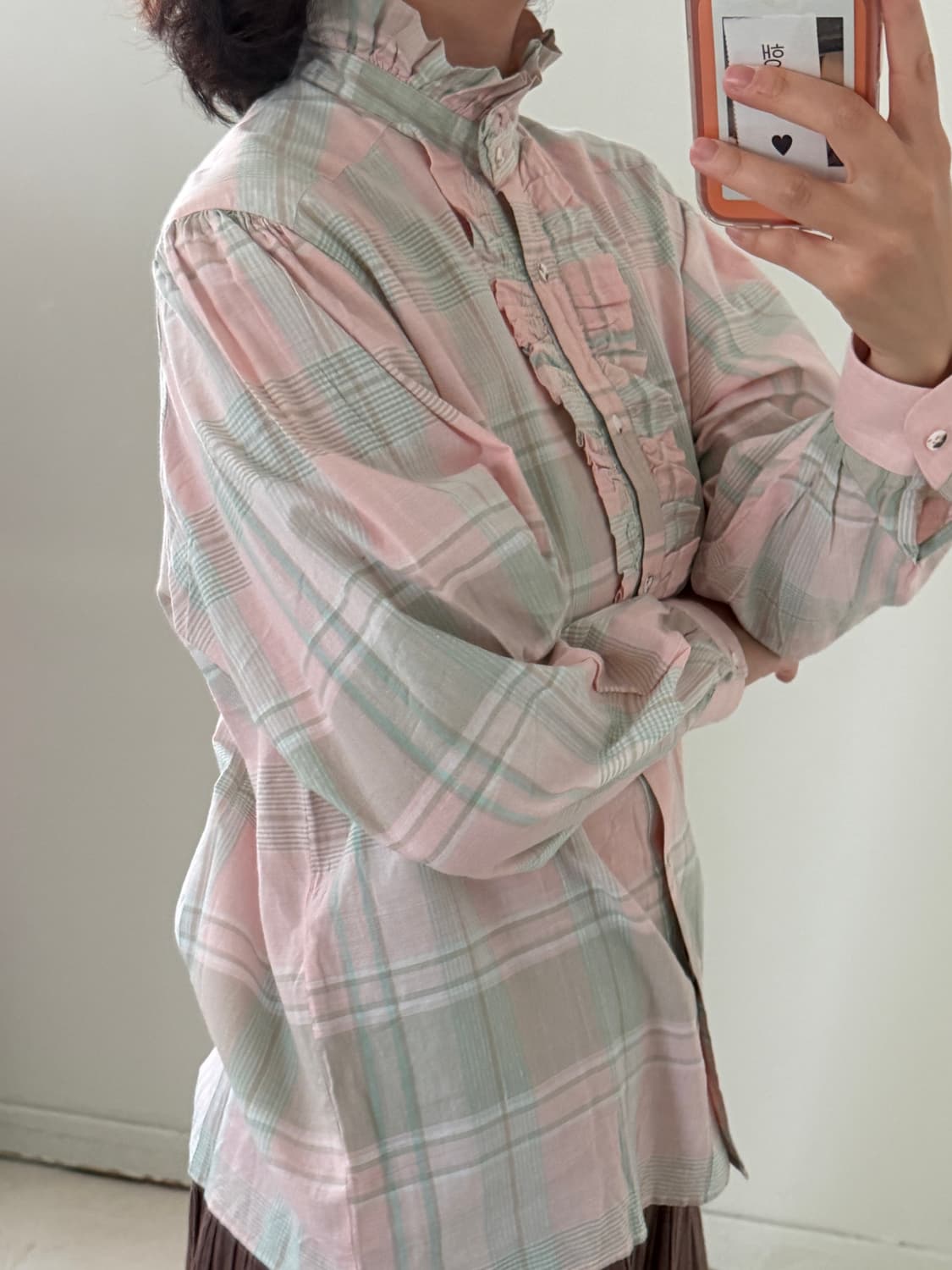 일본빈티지 민트핑크 프릴 블라우스 상품이미지2