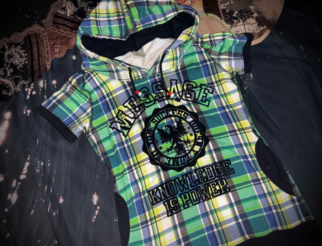 빈티지 y2k 무드 후드 체크 반팔 티셔츠 상품이미지1