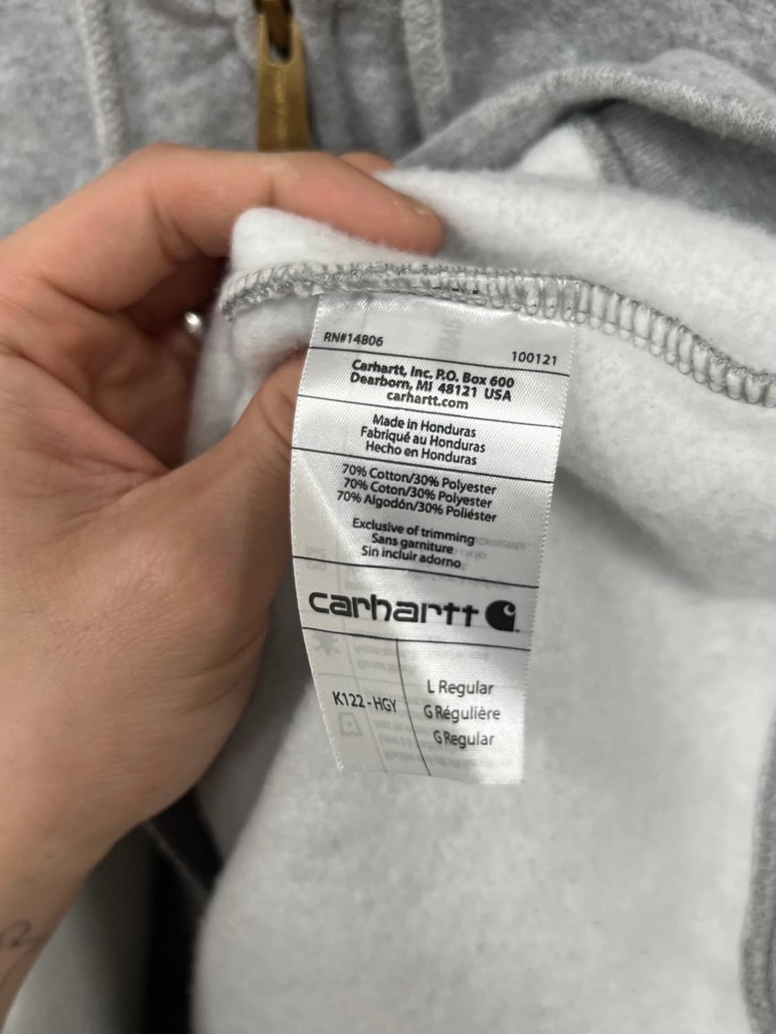 칼하트 오리지널핏 기모 그레이 풀 후드집업  상품이미지7