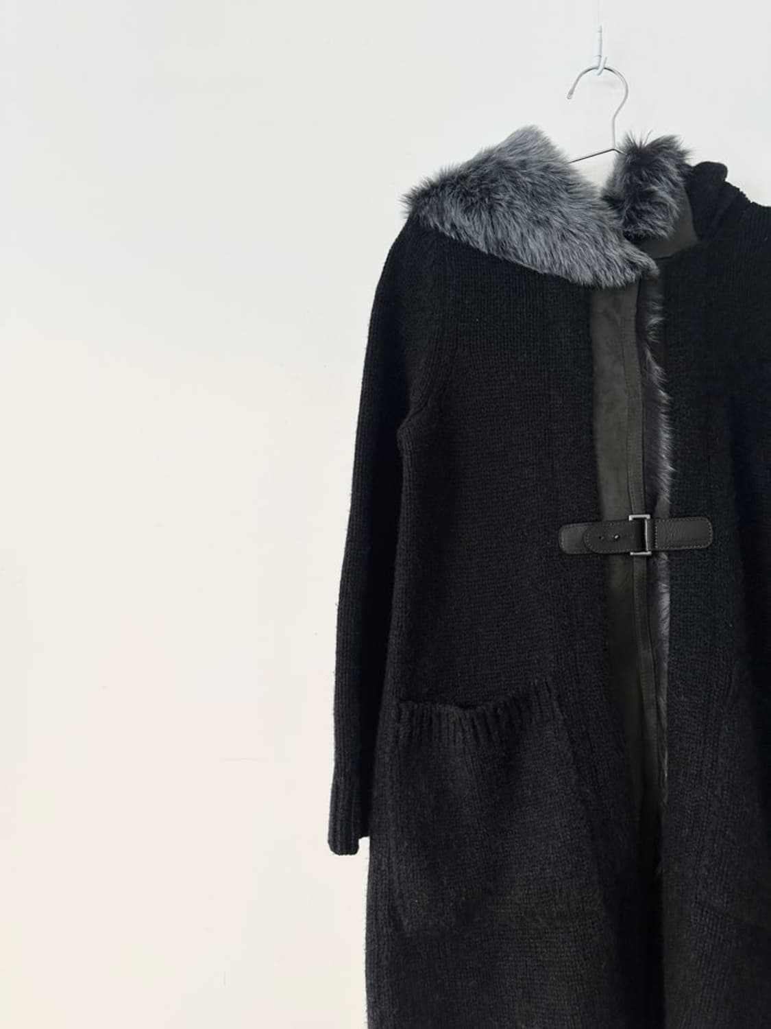 Leather mix buckle hoody cardigan / navy 상품이미지2