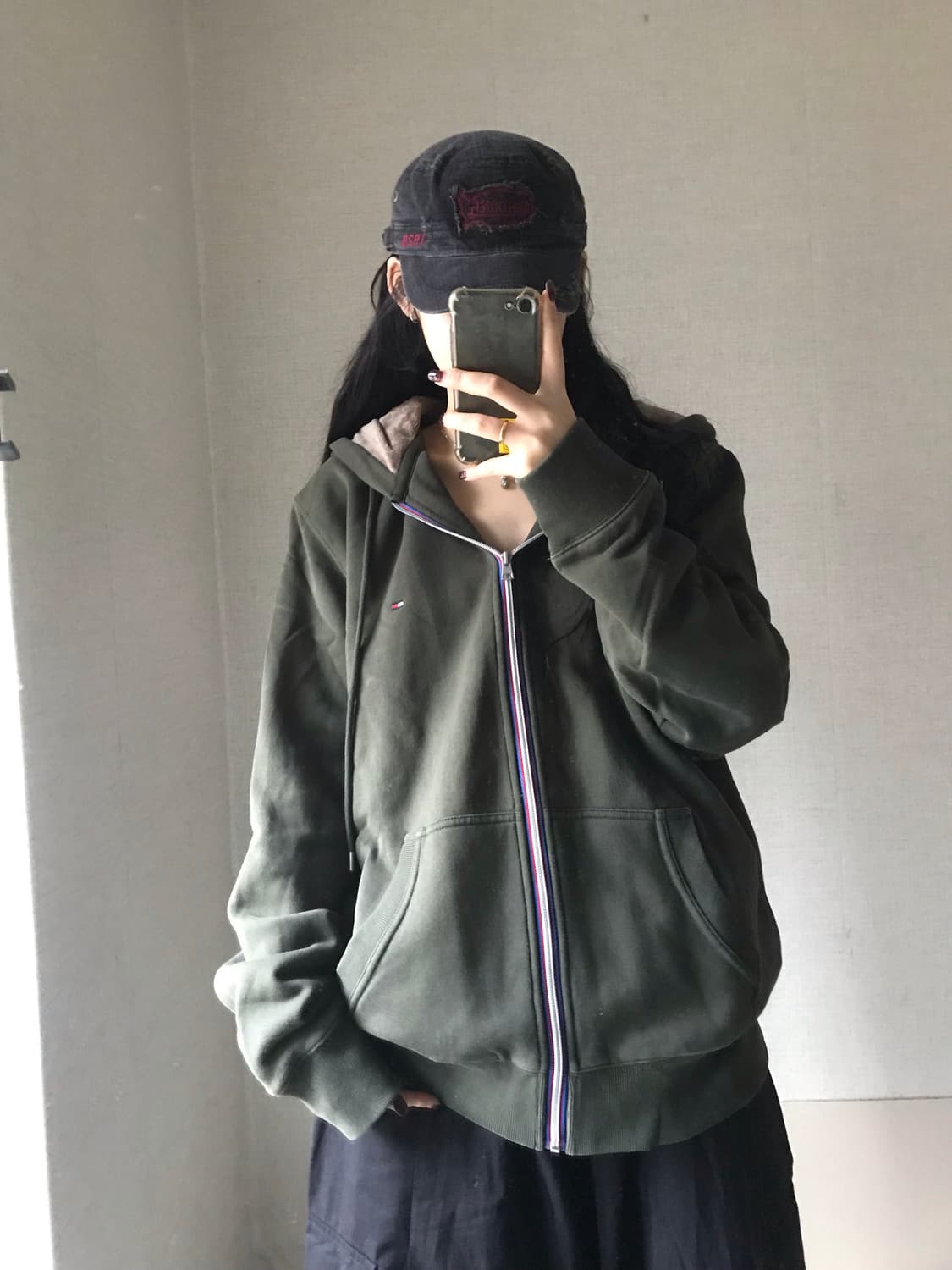 타미힐피거 카키 오버핏 퍼후드집업 상품이미지1