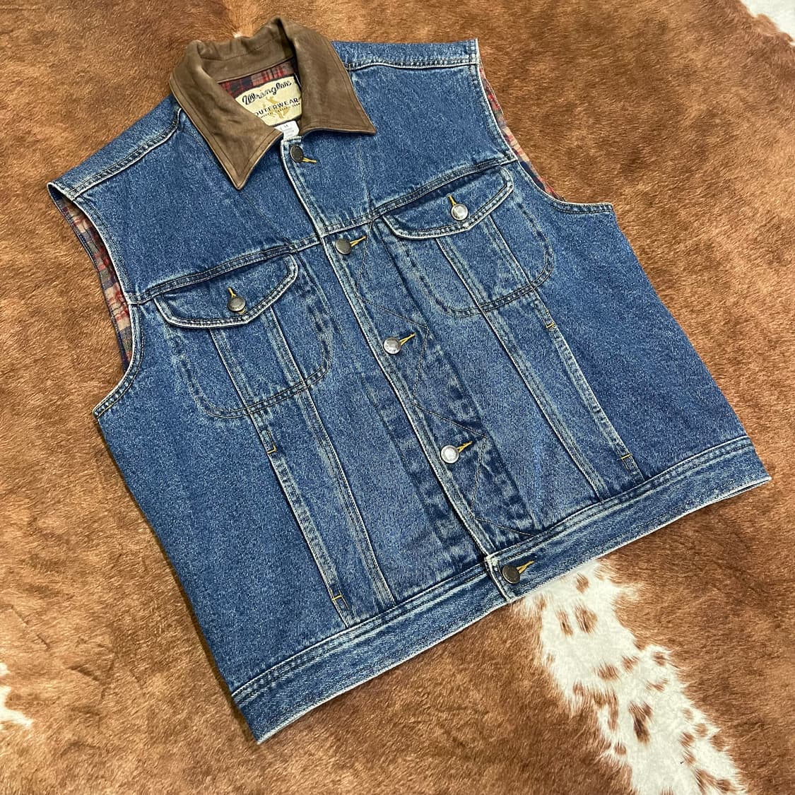 90's 랭글러 레더 카라 체크 라이닝 데님 상품이미지2