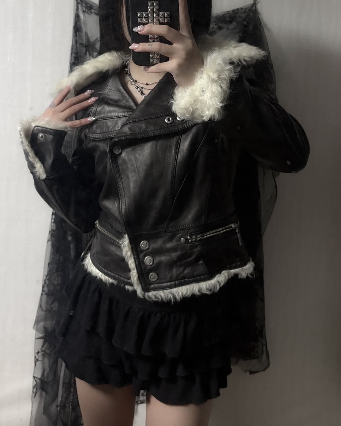 펑크 y2k 퍼 포인트 소가죽 자켓  상품이미지3