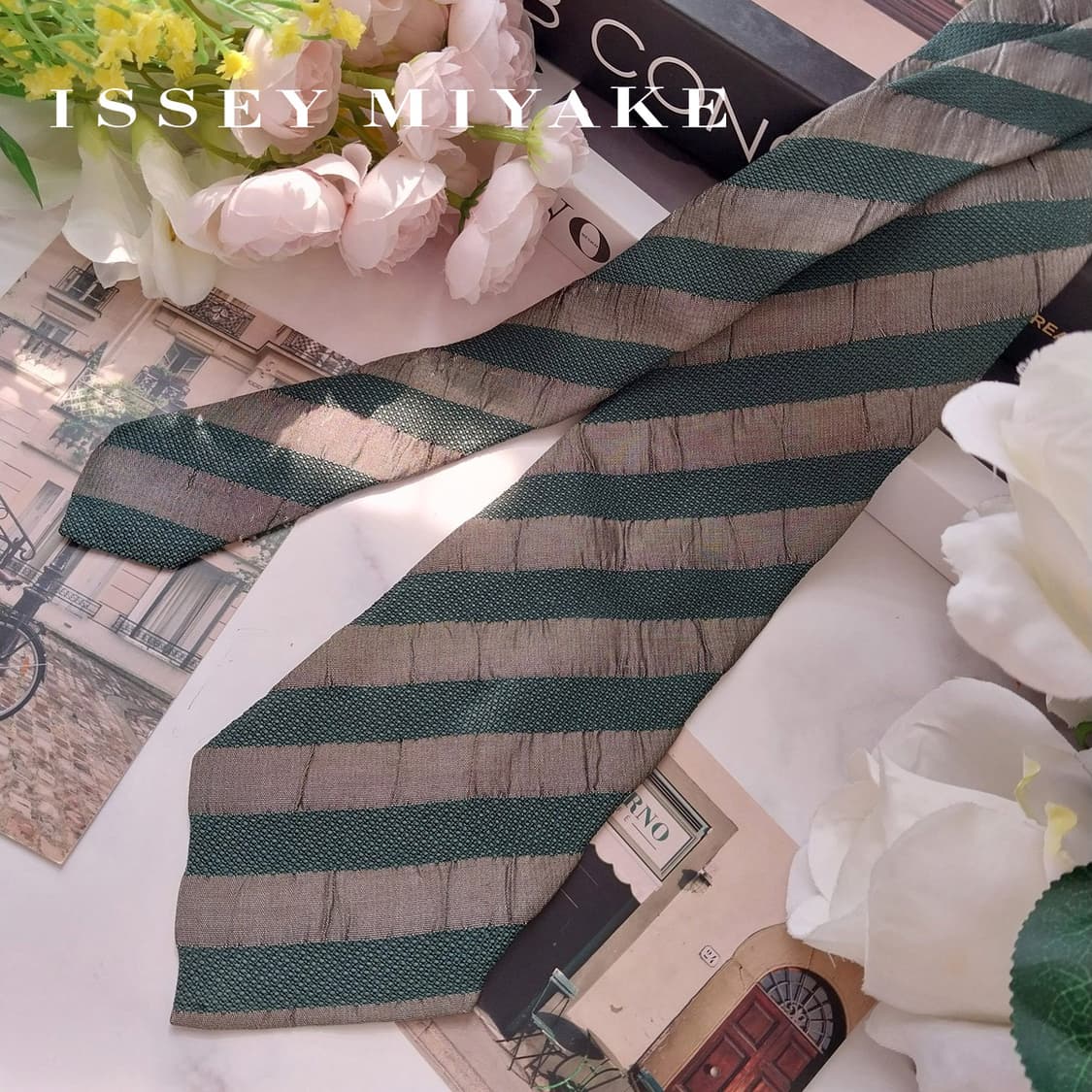 이세이 미야케 실크 그린 스트라이프 넥타이 8.7cm A+등급 K1153 상품이미지1