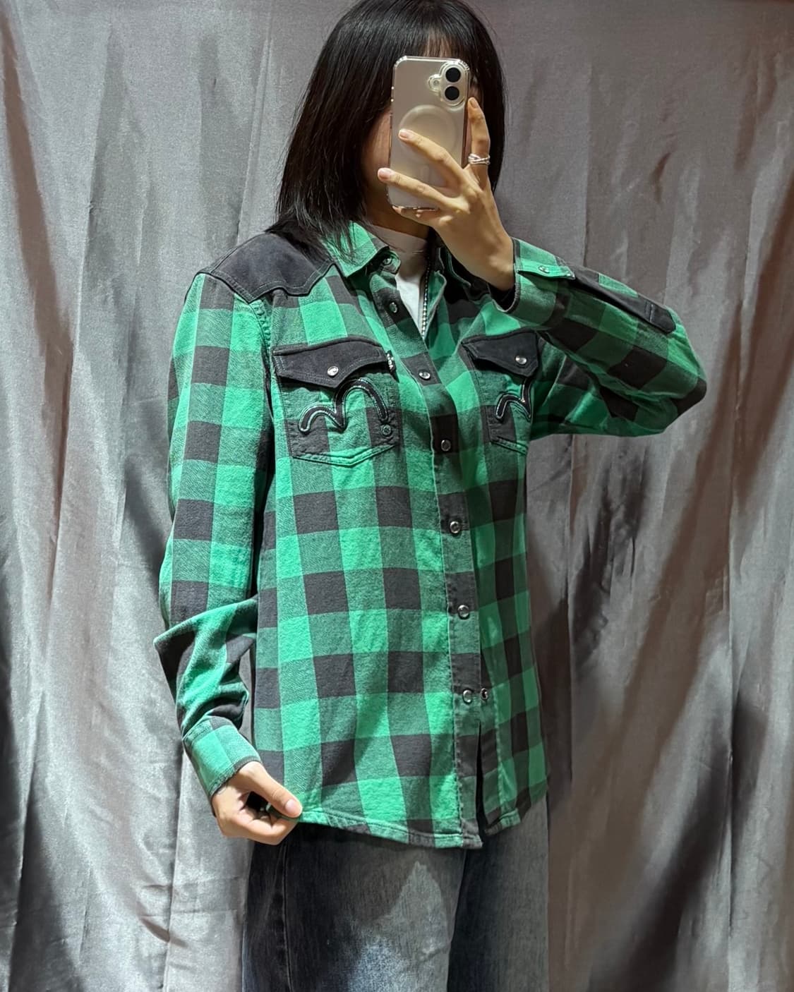 M EVISU 에비수 심볼로고 투포켓 버튼 체크셔츠 상품이미지3