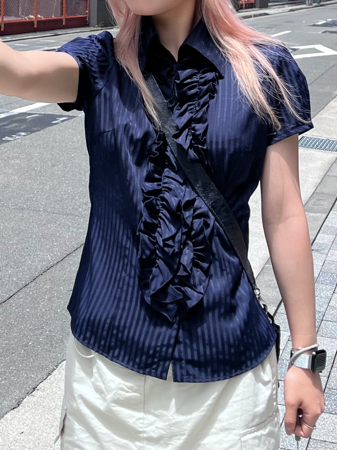 일본 빈티지 네이비프릴반팔셔츠 상품이미지1