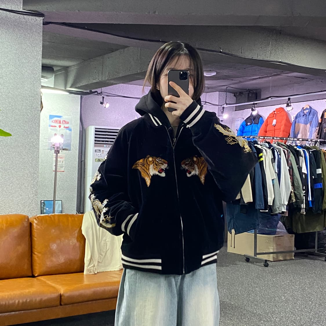 JPN 빈티지 타이거 자수 벨벳 스카쟌 B4337  상품이미지1