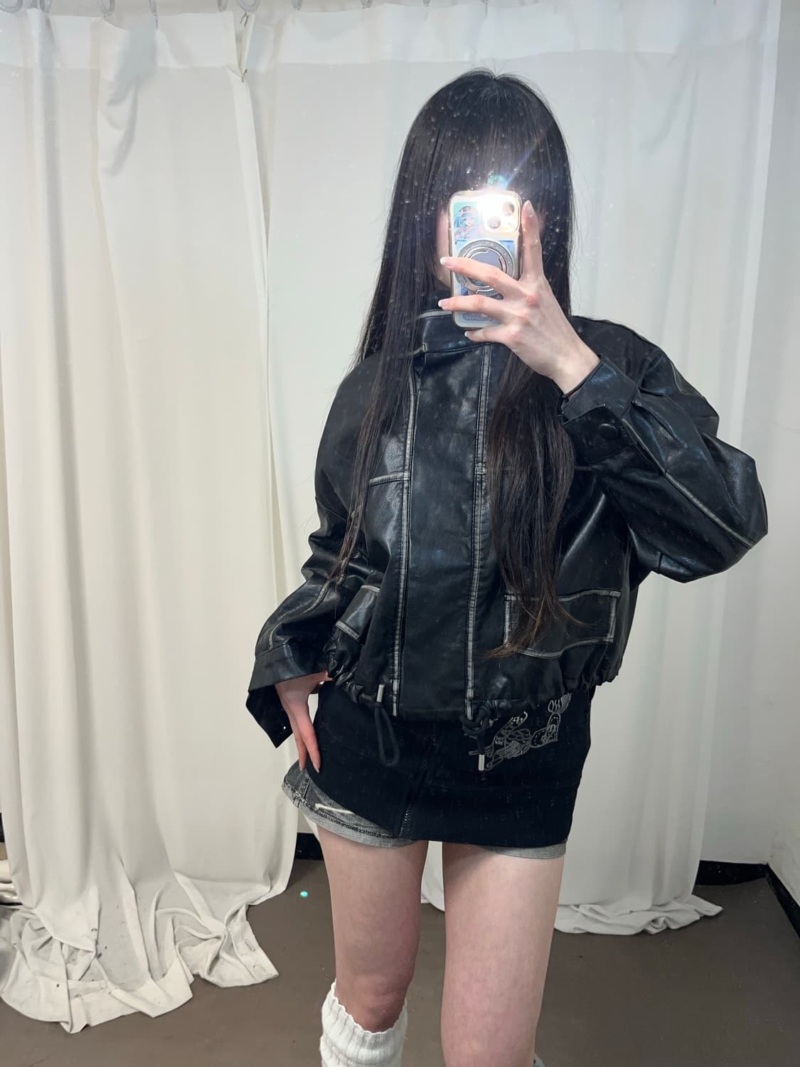 블랙 워싱 버튼 레더 자켓 상품이미지6