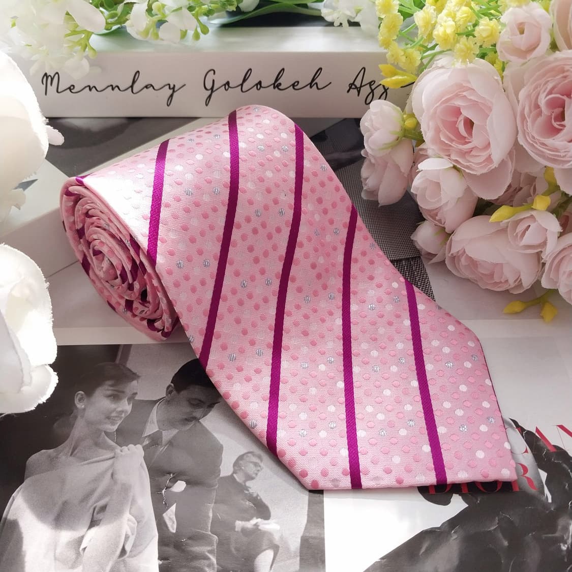 까르뱅 실크 핑크 스트라이프 도트 넥타이 8.8cm A+등급 K2224
 상품이미지4