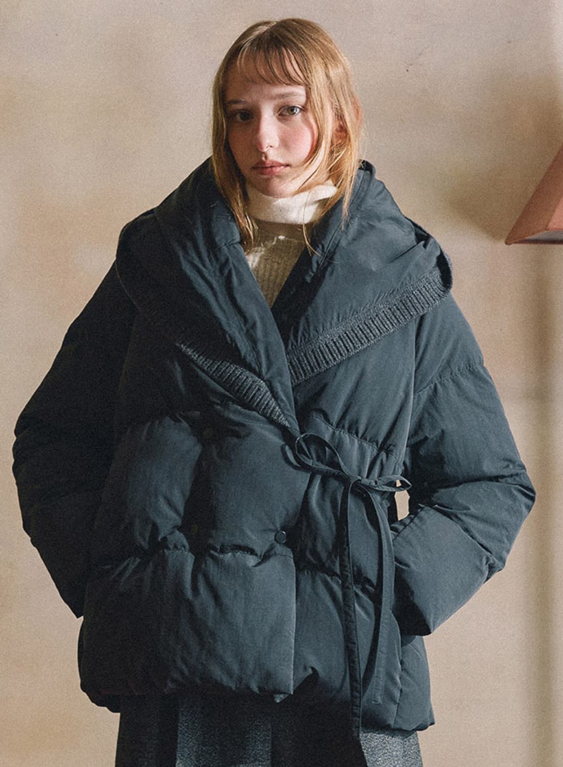 올리브데올리브 니트 빅 후드 패딩 sand 상품이미지2