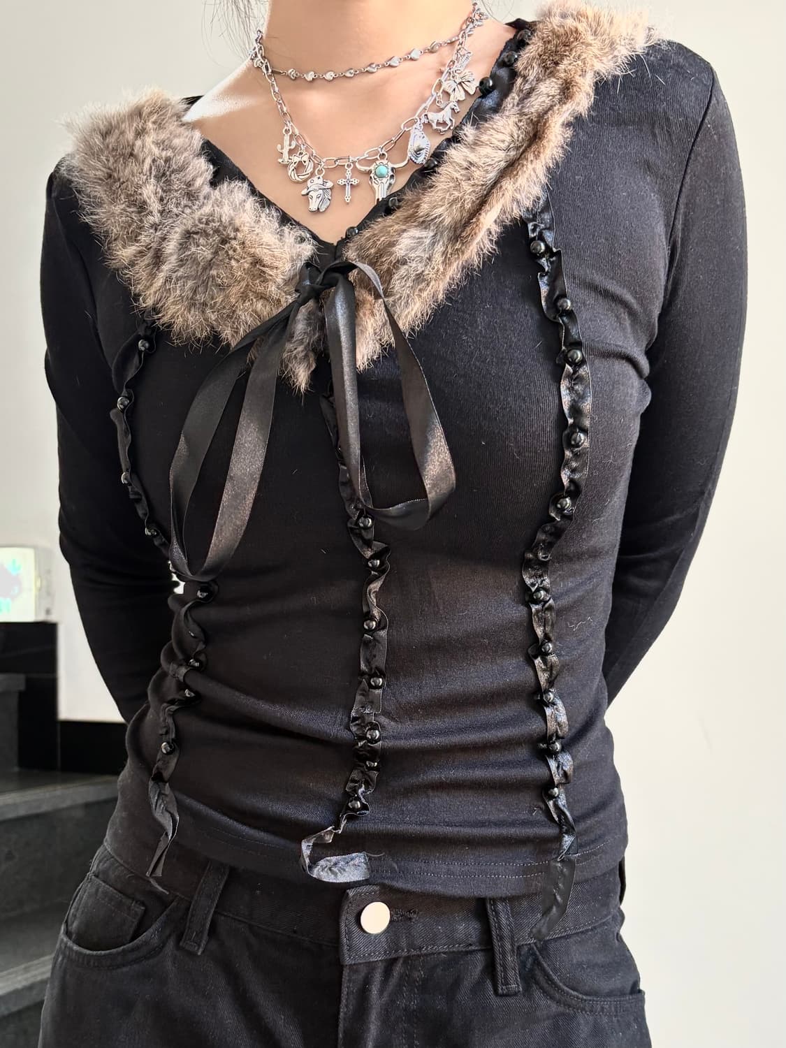 퍼 레이스 리본 롱슬리브 상품이미지3