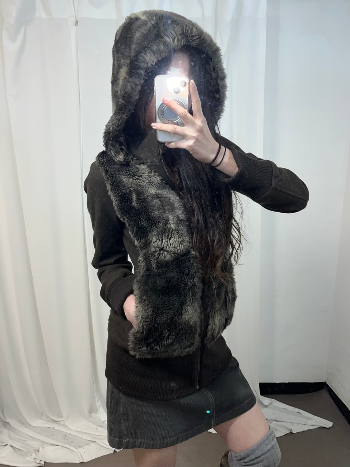 브라운 퍼 트리밍 후드집업 상품이미지5