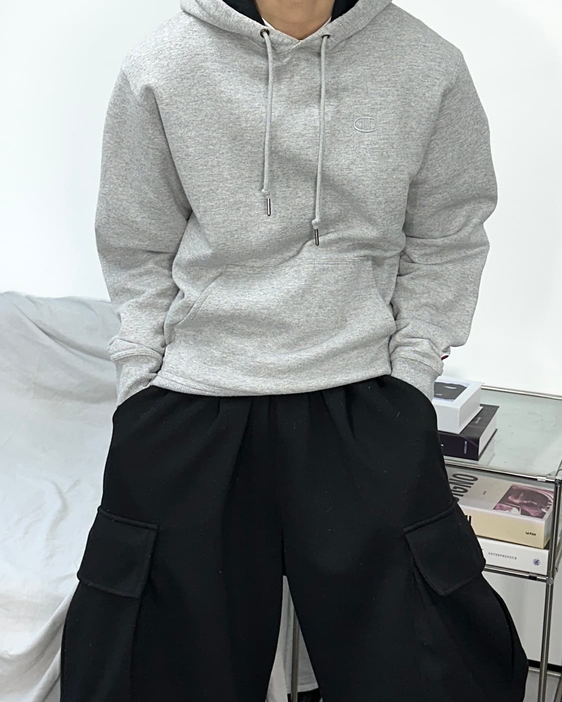 챔피온 그레이 스몰로고 후드티 L 상품이미지1