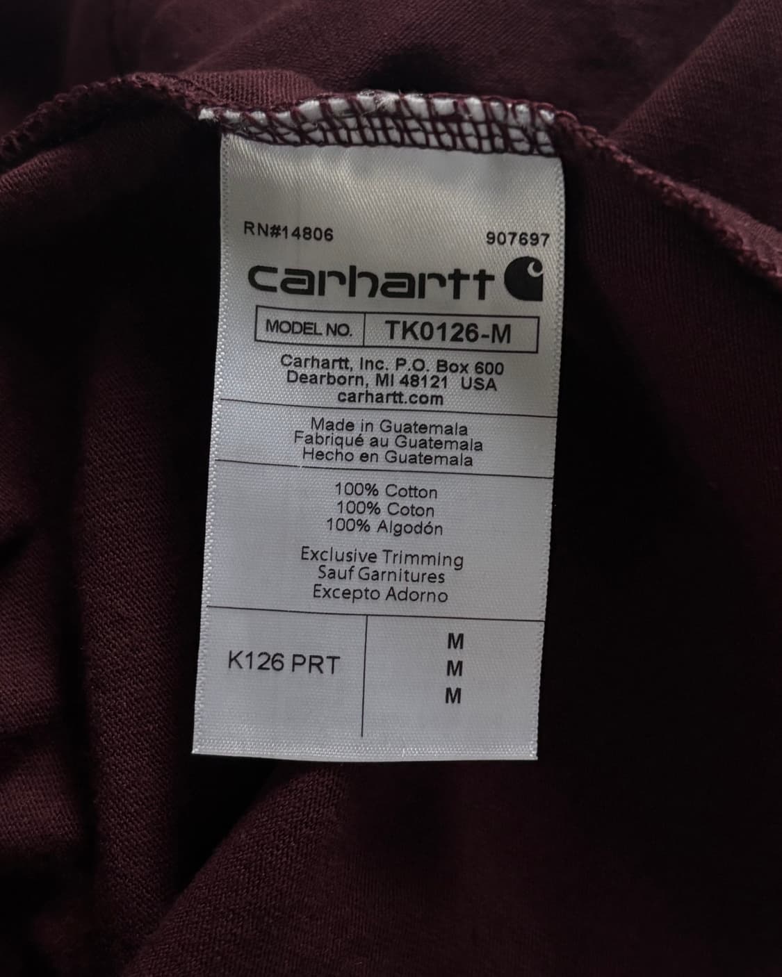 Carhartt 칼하트 포켓로고 버건디 코튼 슬리브 상품이미지6