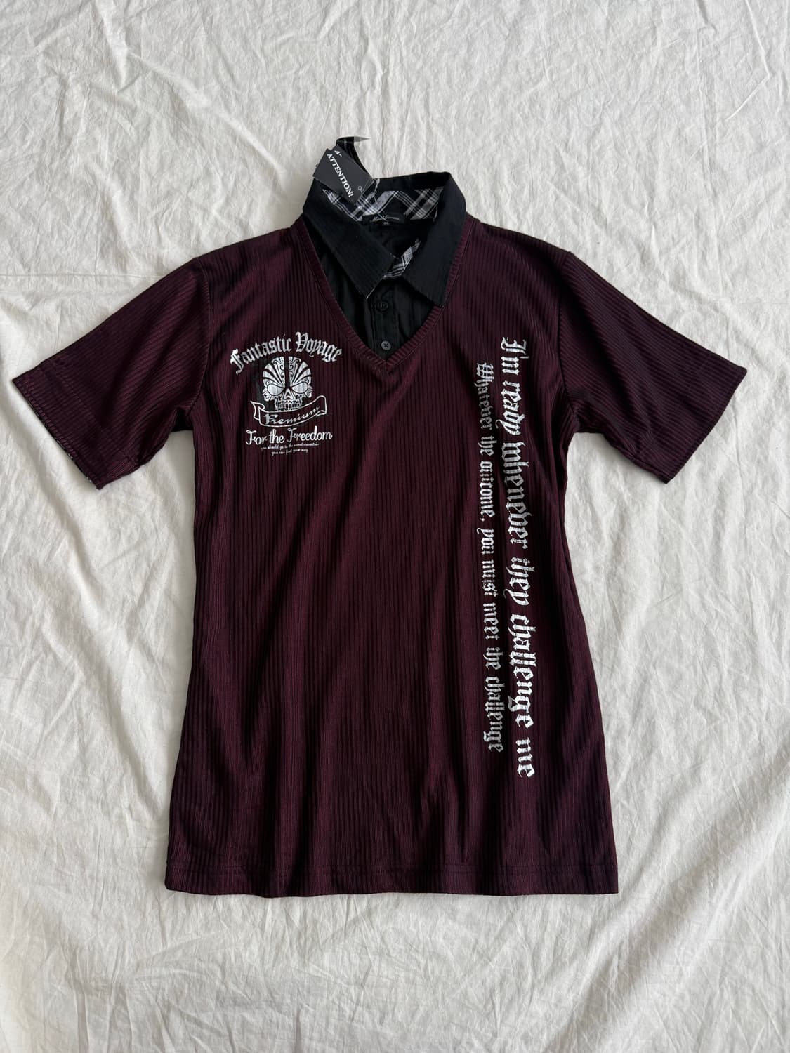 버건디 펑크 셔츠 레이어드 반팔탑 상품이미지1